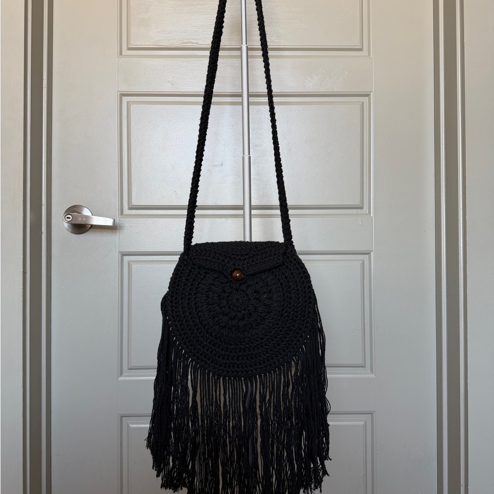 Black Fringe Crochet Shoulder Bag